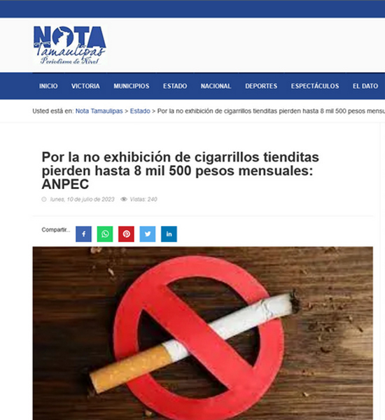 Nota Tamaulipas - Por la no exhibición de cigarrillos tienditas pierden hasta 8 mil 500 pesos mensuales: ANPEC